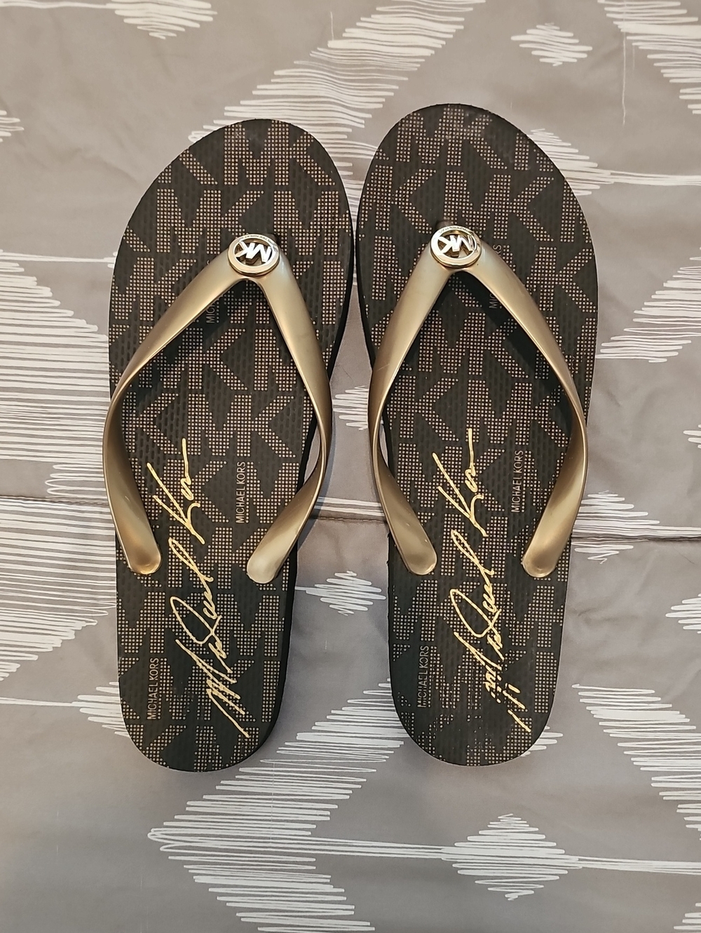 Michael Kors Black Footbed Gold Strap Logo Flip Flops